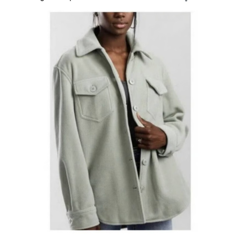 JOIE Fleece Shacket Sage Green Fleece Button Up Collared Long Sleeves Pockets, M